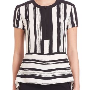 BCBGMaxAzria Black & White Stripe Peplum Zip Top